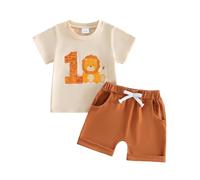 Baby Boy 1st Birthday Outfits Giraffe/Lion/Monkey Number Print Short Sleeve T-Shirt Tops and Solid Color Elastic Waist Shorts Sets 2Pcs Infant Boys First Birthday Clothes Set (Khaki, 6-12 Months)