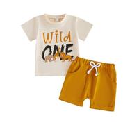 Baby Boy 1st Birthday Outfits Wild Animals Letters Print Short Sleeve T-Shirt Tops and Solid Color Elastic Waist Shorts Sets 2Pcs Infant Boys First Birthday Clothes Set (Beige, 12-18 Months)