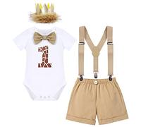 Baby Boy 1st Birthday Party Cake Smash Outfit Safari Jungle Theme Romper+Shorts+Y-Back Suspenders+Crown 4 PCS Set Newborn Infant Baby Shower Christening Baptism Clothes Photo Props Khaki 1 Year