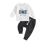 Baby Boy 1st First Birthday Outfit Clothes Set Animal Letter Print Long Sleeve Sweatshirt Trousers One Year Old Cake Smash Outfits (White, 6-12 Months)