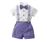 Baby Boy 2 Pieces Gentleman Suit Toddler Formal Lapel Collar Bow Tie Shirt and Suspenders Shorts Romper Set Summer Romper Onesie Clothes for Little Boy 6 Months-8 Years Purple