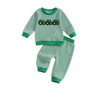 Baby Boy Autumn Clothes Set Tractor Embroidery Long Sleeve Striped Sweatshirt Trousers Toddler Boy Waffle Outfits (Green, 6-12 Months)
