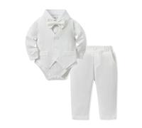 Baby Boy Baptism Clothes Outfit Suits, Infant Christening Gowns Clothing Long Sleeve Romper Jumpsuit+Pants+Bow Tie Formal Tuxedo Set for Boys White, 12-18 Months