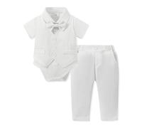 Baby Boy Baptism Clothes Outfit Suits, Infant Christening Gowns Clothing Romper Jumpsuit+Pants+Bow Tie Formal Tuxedo Set for Boys A-White, 6-12 Months