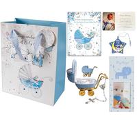 Baby Boy Birth Congratulations Gift Set Rosary Beads in Pram Box, Metal Photo Frame, Greetings Card, Prayer Card, Hanging Star Plaque all in a Gift Bag. Complete Present for Celebrating a New Male.