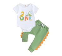 Baby Boy Birthday Outfit, 1st-5th Dinosaur Print Short Sleeve Romper Elastic Waist Shorts/Joggers Pant Toddler Summer Birthday Set (White One, 6-12 Months)