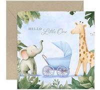 Baby Boy Card with Blue Jungle Animal Theme Artwork with Elephant and Giraffe - Cute Watercolour Congratulations Gift for Newborn - Adorable Keepsake Design for Him - New parents and grandparents