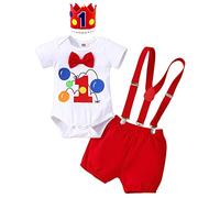 Baby Boy Carnival Circus Clown First 1st Birthday Cake Smash Outfit Gentleman Bow Tie Cotton Short Sleeve Romper Shorts Y-back Suspenders Mini Crown Hat One Year Old Party Red 4pcs Set 9-12 Months