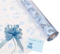 Baby Boy Cellophane Gift Wrap Hampers Florist Baby Shower + Free Pull Bow, Curling Ribbon & Card (3 Metre, Baby Blue Ribbon, Baby Blue Pull Bow)