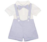 Baby Boy Christening Outfit Short Sleeve Baptism Romper Suspender Shorts Bow Tie Set Infant Linen Clothes Formal Suit Wedding Ring Bearer Gentleman Tuxedo First Birthday Outfit Light Blue 18-24M
