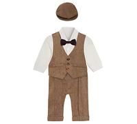 Baby Boy Clothes 5pc Gentleman Outfit Suit with Hat, Waistcoat and Braces - Brown Full Sleeve Shirt Tuxedo Romper for Babies 6-9 Months - Baby Boy Wedding Suit Formal Outfit Set for Birthday Party