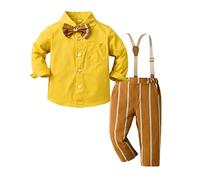 Baby Boy Clothes Outfit Suits 2pcs Baby Boys 1st Birthday Cake Outfits Long Sleeve Formal Dress Shirt Bowtie Suspender Pants Kids Gentleman Clothing Set Infant Wedding Suit (Yellow, 2-3 Years)