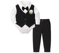 Baby Boy Clothes Outfit Suits 3-24 Months, Infant Gentleman Suits Long Sleeve Romper Jumpsuit+Pants+Bow Tie Formal Tuxedo Clothing Set for Boys Black