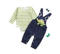 Baby Boy Clothes Set Infant Outfits Newborn Bodysuit Striped Long Sleeve Romper Dinosaur Waffle Overalls Jumpsuit 2 Piece Set (Green, 3-6 Months)