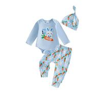 Baby Boy Easter Outfits 3 Pcs My First Easter Clothes Set Long Sleeve Crew Neck Bunny Carrot Print Romper With Elastic Waist Rabbit Print Pants and Cap 3 Pcs Spring Bunny Set (Blue, 0-3 Months)