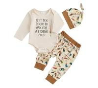 Baby Boy Fall Outfits Fish Pole/Fire Truck Bodysuit Jogger Pants Hat Cute 3Pcs Newborn Baby Boy Clothes Welcome Home 0 3 6 12 18M (Beige, 3-6 Months)
