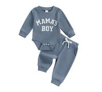 Baby Boy Fall Winter Clothes Mamas Boy Little Dude Embroidery Bodysuit Jogger Pants Waffle Knit Set Cute 2Pcs Newborn Coming Home Outfit (Sky Blue, 0-3 Months)