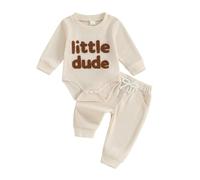 Baby Boy Fall Winter Clothes Mamas Boy Little Dude Embroidery Bodysuit Jogger Pants Waffle Knit Set Cute 2Pcs Newborn Coming Home Outfit (Apricot, 0-3 Months)