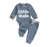 Baby Boy Fall Winter Clothes Mamas Boy Little Dude Embroidery Bodysuit Jogger Pants Waffle Knit Set Cute 2Pcs Newborn Coming Home Outfit (Blue, 6-12 Months)