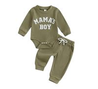 Baby Boy Fall Winter Clothes Mamas Boy Little Dude Embroidery Bodysuit Jogger Pants Waffle Knit Set Cute 2Pcs Newborn Coming Home Outfit (Army Green, 0-3 Months)