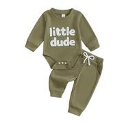 Baby Boy Fall Winter Clothes Mamas Boy Little Dude Embroidery Bodysuit Jogger Pants Waffle Knit Set Cute 2Pcs Newborn Coming Home Outfit (Green, 12-18 Months)