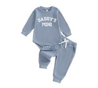 Baby Boy Fall Winter Outfit Daddy's Mini Embroidery Waffle Bodysuit Long Sleeve Romper Solid Jogger Pants Cute Newborn Clothes Welcome Home Photo Shoot Baby Announcement (Blue, 6-12 Months)