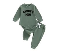 Baby Boy Fall Winter Outfit Daddy's Mini Embroidery Waffle Bodysuit Long Sleeve Romper Solid Jogger Pants Cute Newborn Clothes Welcome Home Photo Shoot Baby Announcement (Green, 0-3 Months)