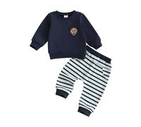 Baby Boy Fall Winter Outfit Long Sleeve Puppy Embroidery Crew Neck Sweatshirt with Elastic Waist Drawstring Striped Pants 2 Pcs Tracksuits Boys Fall Jogger Clothes Set (Blue, 12-18 Months)