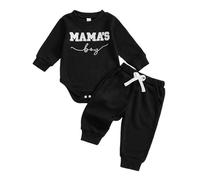 Baby Boy Fall Winter Outfit Mama's Boy Embroidery Bodysuit Long Sleeve Romper Solid Jogger Pants Cute 2Pcs Newborn Clothes Welcome Home Baby Announcement (Black, 3-6 Months)