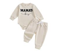 Baby Boy Fall Winter Outfit Mama's Boy Embroidery Bodysuit Long Sleeve Romper Solid Jogger Pants Cute 2Pcs Newborn Clothes Welcome Home Baby Announcement (Khaki, 0-3 Months)