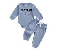 Baby Boy Fall Winter Outfit Mama's Boy Embroidery Bodysuit Long Sleeve Romper Solid Jogger Pants Cute 2Pcs Newborn Clothes Welcome Home Baby Announcement (Blue, 12-18 Months)