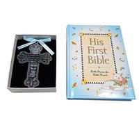 Baby Boy First Bible and 4" Pewter Baptism Guardian Angel Crib Cross (Original Version)