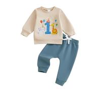 Baby Boy First Birthday Outfits Number Animal Balloon Printed Long Sleeve Pullover Sweatshirt Tops and Elastic Waist Drawstring Pants 2Pcs Set Toddler Boys 1st Birthday Outfit (Beige, 12-18 Months)