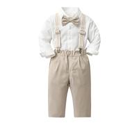 Baby Boy Gentleman Outfits 3PCS Clothes Sets Boys Clothes Sets Long Sleeve Shirt+Suspender Pants+Bow Tie Toddler Dress Suit Infant Outfit Clothing Set for Boys Kids Wedding Formal (Beige, 2-3 Years)