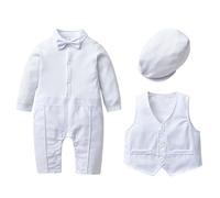 Baby Boy Gentlemen Romper Blazers Suits Baby Boys' Christening Gowns Clothing Infant Baptism Jumpsuit Bow Tie Waistcoat with Hat Birthday Wedding Party Outfits White 12-18 Months