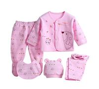 Baby Boy Girl Cotton Clothes Outfits, Infant 5Pcs Sleepwear Set Long Sleeve Tops+Hat+2Pcs Pants+Bib Clothes Set Gift for Newborn Baby Pink