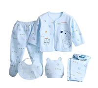 Baby Boy Girl Cotton Clothes Outfits, Infant 5Pcs Sleepwear Set Long Sleeve Tops+Hat+2Pcs Pants+Bib Clothes Set Gift for Newborn Baby Blue