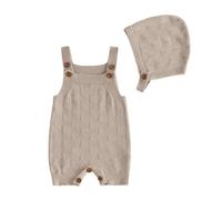 Baby Boy Girl Knitted Outfit Eyelet Sleeveless Overall Romper and Hat Set | Solid Color, Soft And Breathable Fabric, Square Neck, Adjustable Shoulder Straps, Bottom Buttons