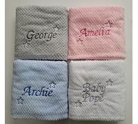Baby Boy Girl Personalised Blanket Embroidered Name and date soft baby blanket pink blue grey white (pink)