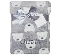 Baby Boy Girl Personalised Blanket Embroidered Name Various Designs Teddy Bear (Grey Bear Face)