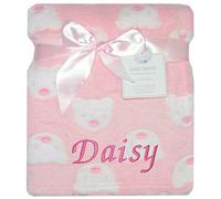 Baby Boy Girl Personalised Blanket Embroidered Name Various Designs Teddy Bear (Pink Bear Face)