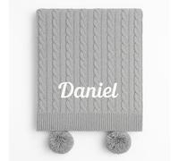 Baby Boy Girl Personalised Cable Knit Pom Pom Blanket Embroidered Name (Grey)