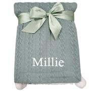 Baby Boy Girl Personalised Knitted Pom Pom Blanket Embroidered Name (Sage Green)