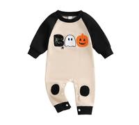 Baby Boy Halloween Costume Long Sleeve Pumpkin Embroidery Romper | Pumpkin ghost spider embroidery soft cotton infant baby boy 0 to 18 months Halloween daily wear