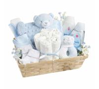Baby Boy Hamper Gift - Baby Newborn Essentials Teddy Comforter Rattle Bib Socks with Gentle Baby Bath and Shampoo Newborn Baby Boy Gifts Basket for Baby Shower and Christening