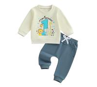 Baby Boy His 1st First Birthday Outfit Set 2PCS Cartoon Animals Letters One Print Long Sleeve Sweatshirt Trousers with Drawstrings One Year Old Birthday Party Clothes Set (Blue 1, 12-18 Months)