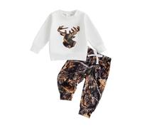 Baby Boy Hunting Outfit Deer Embroidery Sweatshirt Retro Jungle Camo Jogger Pants Cute 2Pcs Toddler Fall Clothes 0-3Y (White, 18-24 Months)