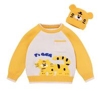 Baby Boy Knit Sweaters Toddlers Knitted Jumper Hat Set Round Neck Long Sleeve Cartoon Sweatshirt Loose Chunky Ribbed Pullover Infant Fall Winter Casual Outfits Cardigan Yellow Tiger 9-12 Months