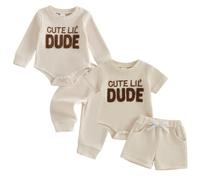 Baby Boy Matching Brother Outfit Lil's Dude Letters Embroidery Short/Long Sleeve Romper Bodysuit and Elastic Waist Shorts/Pants 2Pcs Sets Tracksuit for Boys Brother (Apricot-Long, 6-12 Months)
