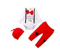 Baby Boy My First Valentine's Day Outfits Newborn Long Sleeve Bodysuit Romper Tops Long Pants Hat 3 Piece Clothes Set Trendy Valentine Clothing (Red, 0-3 Months)